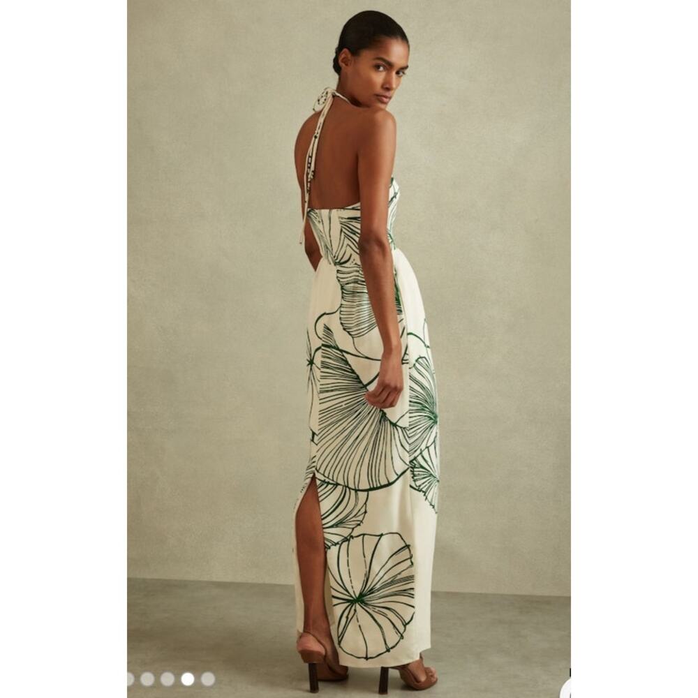 NWT: Reiss Lexi Floral Sketch Halter Neck Maxi Dress in White / Green - Picture 4 of 13